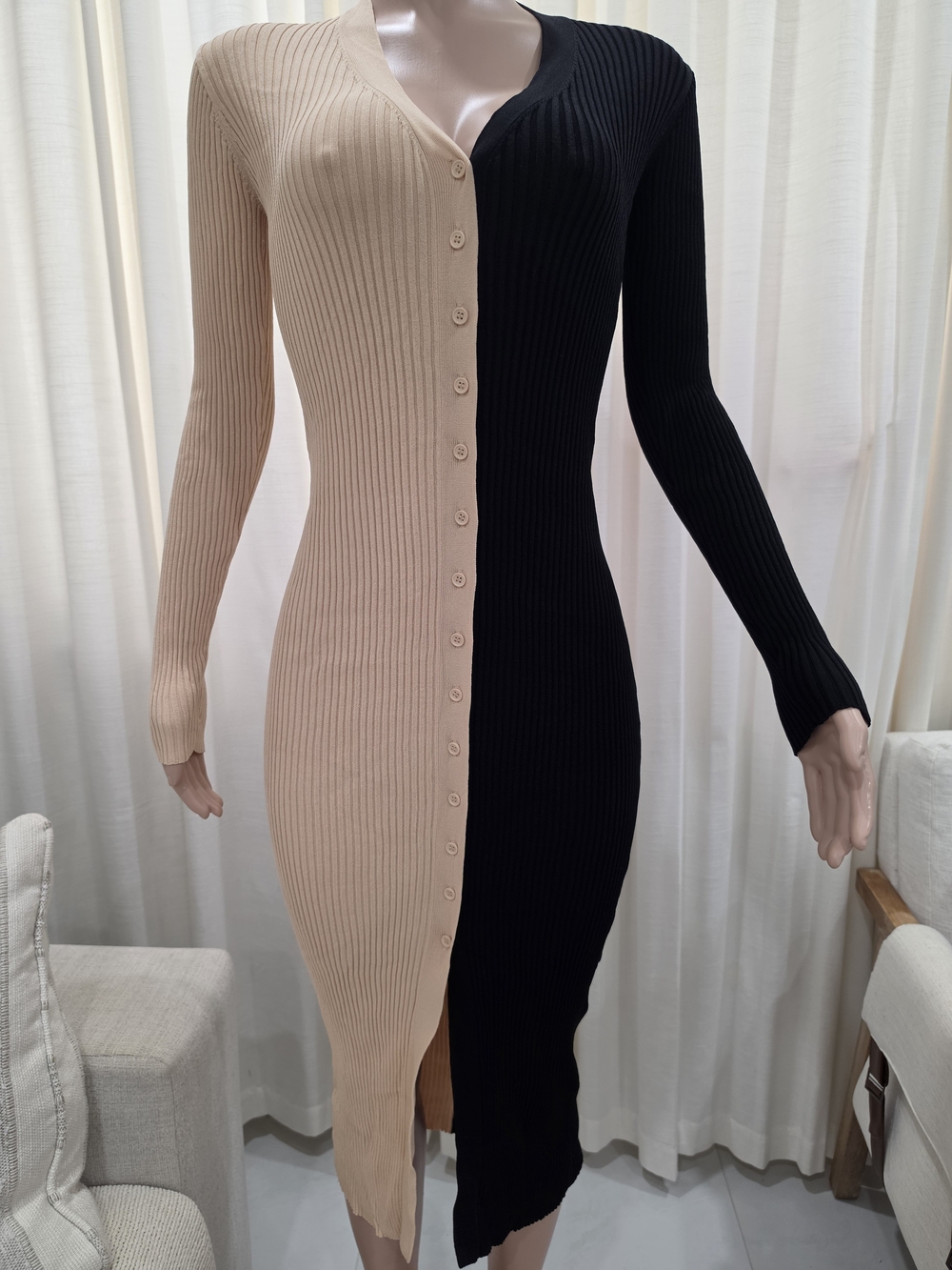STAUD Two-Tone Black and Beige Ribbed Button-Front Midi Dress